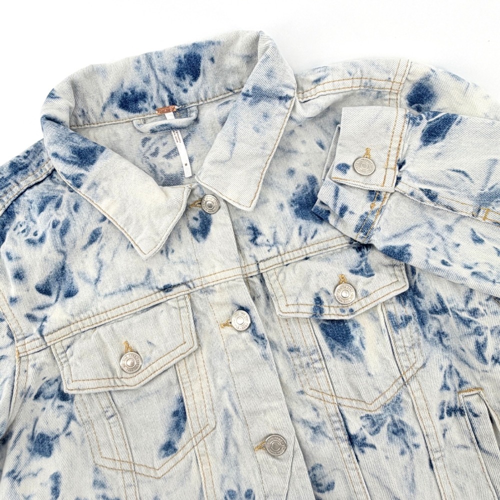 Free People Denim Jacket Womens Medium Blue Tie Dye Acid Wash Very Good Cond